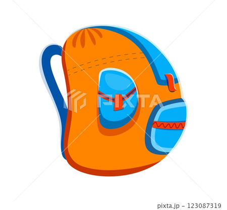 Font for summer travel typeface, letter D type as backpack bag, vector English alphabet. Summer travel font cartoon letter D in shape of backpack for hiking, camping or beach vacations typeface 123087319
