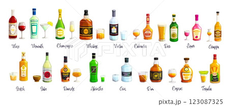 Cartoon alcohol bottles, liquor and wine drinks, vector alcoholic beverages with glasses. Vodka, whiskey, rum and beer, champagne, tequila, gin and absinthe bottles with cocktail glasses, ice and lime 123087325