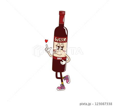 Cartoon groovy red wine bottle character. Isolated vector funky flask personage with vintage vibe, dreamy eyes, and a heart, happily posing, radiating retro vibes and hippie y2k charm ready for party Cartoon groovy red wine bottle character. Isolated vector funky flask personage with vintage vibe, dreamy eyes, and a heart, happily posing, radiating retro vibes and hippie y2k charm ready for party 123087338