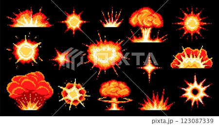 8 bit pixel game bomb blast, fire explosion, burst effect with explosive smoke clouds and flames. Retro 2d video and 8 bit games vector asset of pixel bomb blasts set. Boom and bang explode effects 8 bit pixel game bomb blast, fire explosion, burst effect with explosive smoke clouds and flames. Retro 2d video and 8 bit games vector asset of pixel bomb blasts set. Boom and bang explode effects 123087339