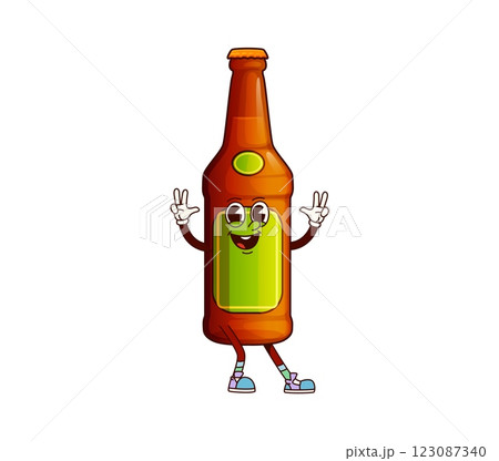Beer bottle drink groovy cheerful character. Brewery ale container retro cartoon funny character. Pub beer bottle funky isolated vector happy mascot, bar alcohol drink or beverage groovy personage Beer bottle drink groovy cheerful character. Brewery ale container retro cartoon funny character. Pub beer bottle funky isolated vector happy mascot, bar alcohol drink or beverage groovy personage 123087340