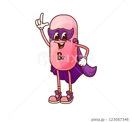 Cartoon groovy vitamin b2 superhero character. Isolated vector pink Riboflavin pill wearing purple cape and mask, confidently posing with a hand gesture, promotes health and wellness with heroic twist 123087346