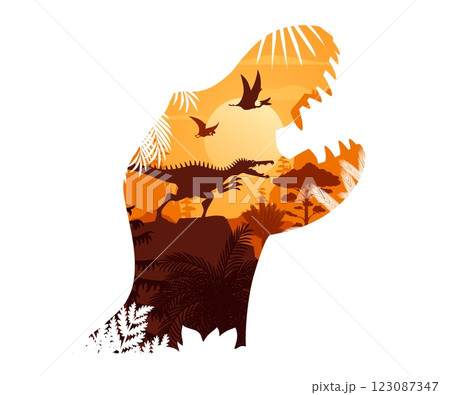 Prehistoric dinosaur head silhouette with jurassic dino animals and jungle landscape at sunset vector double exposure. Tyrannosaurus rex dinosaur roaring with baryonyx and quetzalcoatlus silhouettes Prehistoric dinosaur head silhouette with jurassic dino animals and jungle landscape at sunset vector double exposure. Tyrannosaurus rex dinosaur roaring with baryonyx and quetzalcoatlus silhouettes 123087347