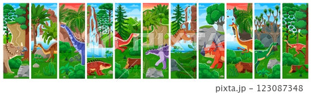 Prehistoric dinosaur characters collage with cartoon dino animals and jurassic reptile. Cute centrosaurus, tyrannosaurus rex, shansisuchus and styracosaurus vector personages in forest with waterfall Prehistoric dinosaur characters collage with cartoon dino animals and jurassic reptile. Cute centrosaurus, tyrannosaurus rex, shansisuchus and styracosaurus vector personages in forest with waterfall 123087348