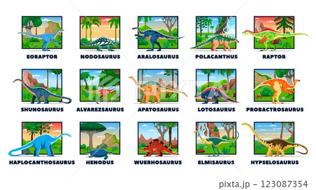 Cartoon prehistoric dinosaurs. Vector vibrant set of ancient dino reptile animals with their names, each set against a unique natural background with jurassic era landscape. Paleontology education 123087354