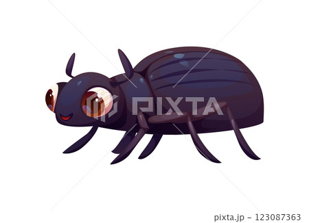 Cartoon funny beetle insect character. Isolated vector charming bug features a playful expression and large, expressive eyes. Playful garden pest personage with black glossy body and adorable smile 123087363
