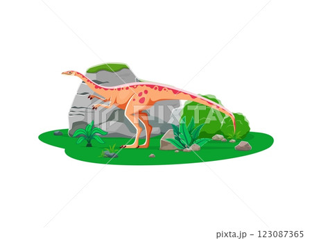 Archaeornithomimus prehistoric dinosaur cartoon paleontology character. Isolated vector ancient omnivorous dino reptile animal in natural environment with rocks and plants. Late Cretaceous era lizard 123087365
