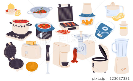 A set of kitchen household appliances for cooking. Toaster, meat grinder, juicer, mixer, blender. A set of kitchen household appliances for cooking. Toaster, meat grinder, juicer, mixer, blender. 123087381
