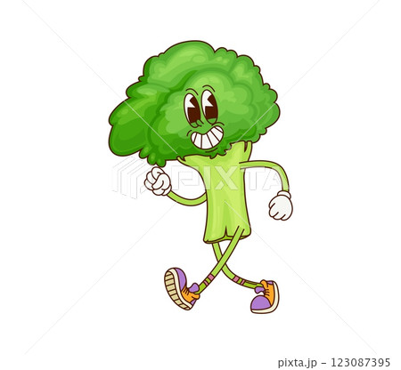 Groovy cartoon broccoli superhero character with funny face, vector super hero vegetable. Groovy broccoli superhero with silly funky smile in hipster shoes for kids cartoon cabbage character Groovy cartoon broccoli superhero character with funny face, vector super hero vegetable. Groovy broccoli superhero with silly funky smile in hipster shoes for kids cartoon cabbage character 123087395