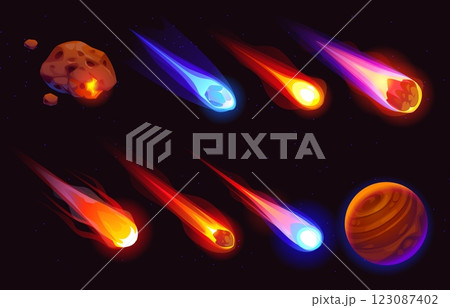 Cartoon galaxy space meteors, comets and asteroids with flame trails. Vector falling fiery meteorites and glowing fireballs, accompanied by vibrant red planet. Sci fi, astronomy or cosmic game assets 123087402