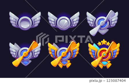 Aviation plane game rank badge, level medal with metallic wings, propellers, stars, gold and blue accents. Cartoon vector pilot progression icons evoke a sense of achievement, flight, and adventure 123087404