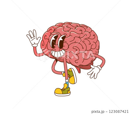 Cartoon groovy human brain happy smiling character. Physiology and biology vintage groovy vector cheerful personage, human body healthcare brain cute character. Intelligence and knowledge mascot 123087421