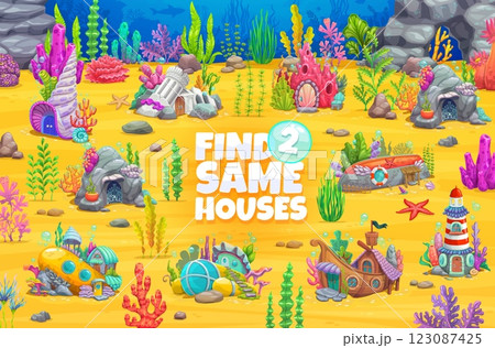 Find two same underwater house buildings, kids game worksheet. Same picture finding kids game, objects compare riddle vector page with sunken boat and submarine, lighthouse, castle fairy buildings Find two same underwater house buildings, kids game worksheet. Same picture finding kids game, objects compare riddle vector page with sunken boat and submarine, lighthouse, castle fairy buildings 123087425
