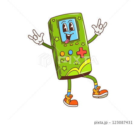 Retro hippie groovy game console with funny face and funky smile, vector cartoon character. Comic groovy handheld game console with freaky tongue out and cool fingers gesture for gaming character Retro hippie groovy game console with funny face and funky smile, vector cartoon character. Comic groovy handheld game console with freaky tongue out and cool fingers gesture for gaming character 123087431