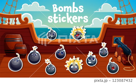 Cartoon pirate bomb characters stickers pack. Funny retro round black bombs with wicks and exploding grenades vector personages on old pirate corsair ship deck with cannon and gunpowder barrels 123087432