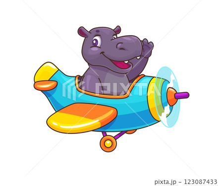 Cartoon hippopotamus pilot on airplane or baby hippo character, vector funny animal on plane. Happy hippopotamus pilot flying in propeller plane with smile waving Hi or Goodbye for kids zoo animal 123087433