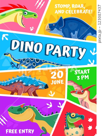 Dino kids party flyer with funny dinosaurs and prehistoric lizards, vector cartoon poster. Dino museum or Jurassic park entertainment party event flyer with giant dinosaurs, dino reptiles and lizards Dino kids party flyer with funny dinosaurs and prehistoric lizards, vector cartoon poster. Dino museum or Jurassic park entertainment party event flyer with giant dinosaurs, dino reptiles and lizards 123087437