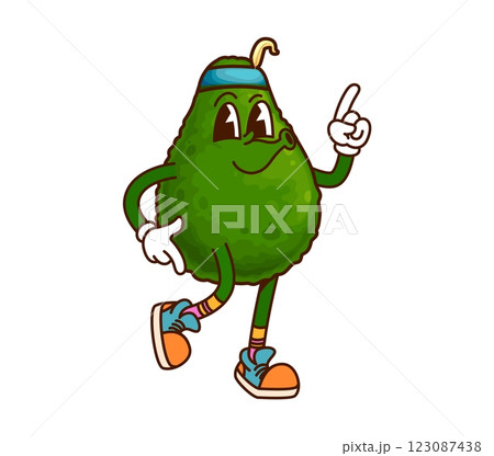 Avocado groovy cartoon character with funny face and whistling, vector comic personage. Retro cartoon groovy avocado character with hippie headband and feather happy whistling melody in good vibes Avocado groovy cartoon character with funny face and whistling, vector comic personage. Retro cartoon groovy avocado character with hippie headband and feather happy whistling melody in good vibes 123087438