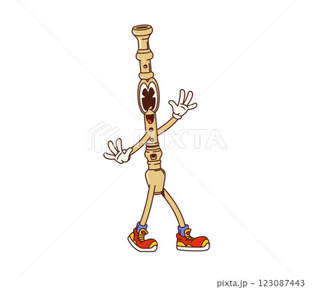 Cartoon groovy flute musical instrument character. Isolated vector pipe, retro y2k personage with happy face flashing funky gestures, inviting for music school classes or funky concert performance 123087443