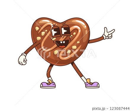 Retro groovy chocolate candy or sweet funny character, cartoon vector confection. Groovy chocolate candy in heart shape with freaky funky face and smile for choco sweets and dessert cartoon character 123087444