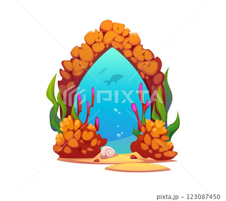 Underwater portal or magic stone with gate door to sea, vector game element. Cartoon portal to undersea world of stone arch in rock cave with fishes and coral reef seaweeds in sea or ocean water 123087450