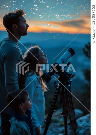 A family gazing at stars through a telescope under a starry sky at dusk. 123087552