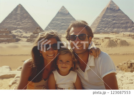 A family poses happily in front of the iconic pyramids of Egypt under a sunny sky. 123087553