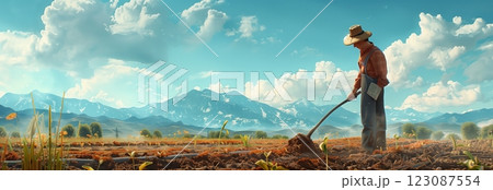 A farmer cultivating land under a clear sky with mountains in the background. 123087554