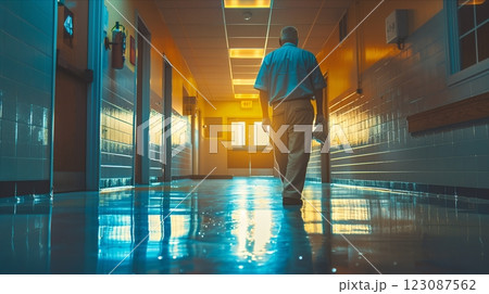 A figure walks down a brightly lit corridor, reflecting deep thoughts and solitude. 123087562