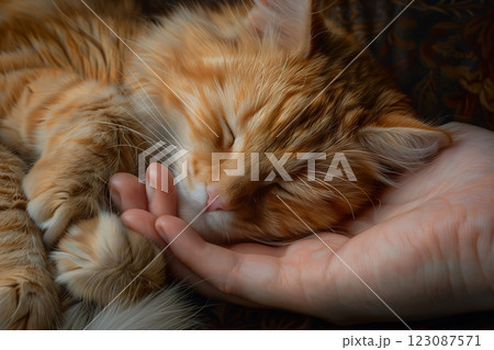A fluffy orange cat peacefully sleeping in a hand, showcasing tranquility and affection. 123087571