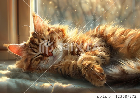 A fluffy orange cat sleeping peacefully in warm sunlight near a window. 123087572