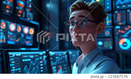 A focused analyst observing data in a high-tech environment with screens full of graphs. 123087576