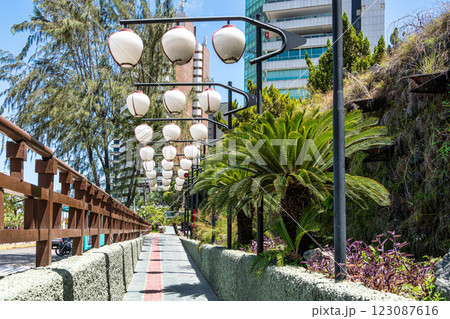 The Japanese garden, on Fortaleza's waterfront avenue, on Nautico beach at Fortaleza, Ceara, Brazil 123087616