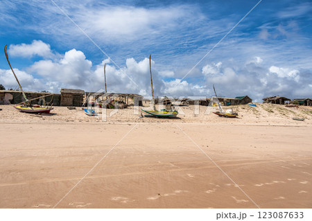 Fisherboats at Canoa Quebrada Beach at Aracati in Ceara, Brazil. Bay Coastline Fisherboats at Canoa Quebrada Beach at Aracati in Ceara, Brazil. Bay Coastline 123087633