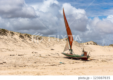 Fisherboats at Canoa Quebrada Beach at Aracati in Ceara, Brazil. Bay Coastline Fisherboats at Canoa Quebrada Beach at Aracati in Ceara, Brazil. Bay Coastline 123087635