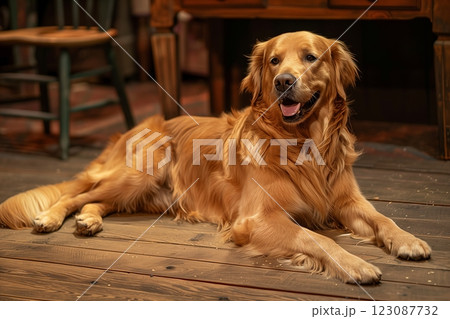 A happy golden retriever resting on wooden floor with a cheerful expression. 123087732