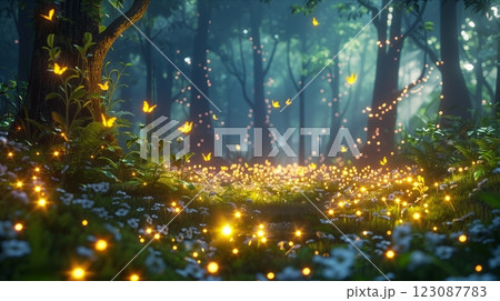 A magical forest glow with fireflies and blooming flowers at twilight. 123087783