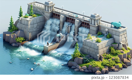 A modern dam landscape featuring flowing water, rocks, and lush greenery. 123087834
