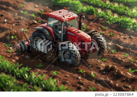A red tractor working diligently in a lush green farm field. 123087864