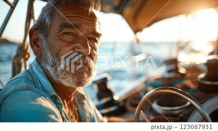 A seasoned sailor enjoys the ocean breeze while steering his boat at sunset. A seasoned sailor enjoys the ocean breeze while steering his boat at sunset. 123087931
