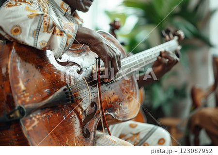 A musician passionately plays a string instrument, creating beautiful melodies. 123087952