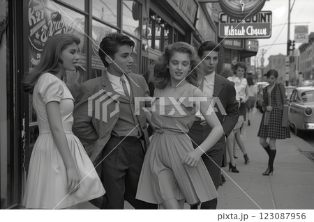 A nostalgic scene of stylish youth socializing outside a vintage storefront. 123087956