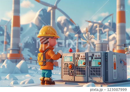 A cartoon worker operates machinery at a wind farm in a snowy landscape. 123087999