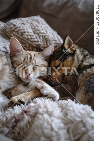 A cat and dog cuddle together on a cozy blanket, showcasing friendship and warmth. 123088011