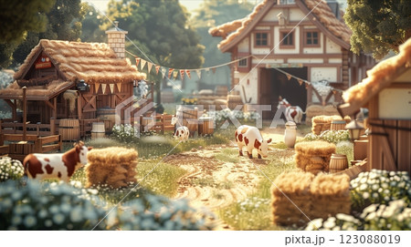 A charming countryside farm scene with cows, hay bales, and a rustic farmhouse. A charming countryside farm scene with cows, hay bales, and a rustic farmhouse. 123088019
