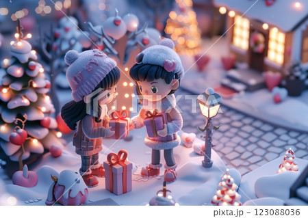 A charming winter scene with children exchanging gifts in a snow-covered village. 123088036