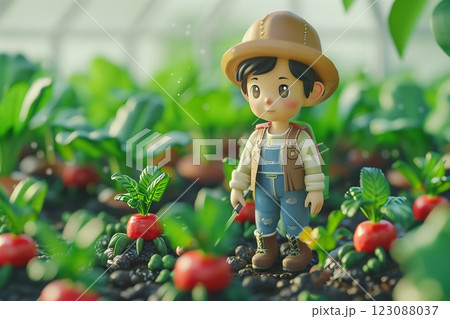 A charming young farmer figure surrounded by vibrant vegetables in a lush garden. 123088037