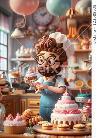 A cheerful baker crafts beautiful pastries in a cozy, vibrant bakery. 123088038