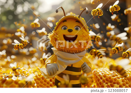 A cheerful cartoon bee character surrounded by buzzing bees and honeycomb. A cheerful cartoon bee character surrounded by buzzing bees and honeycomb. 123088057