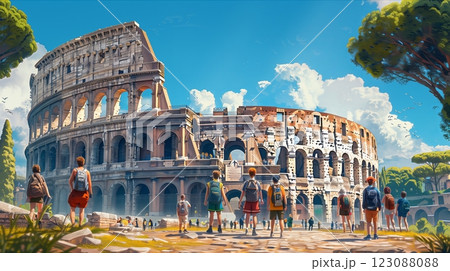 A breathtaking view of the ancient Roman Colosseum with vibrant sky and visitors. 123088088
